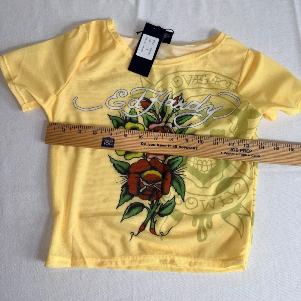 Ed Hardy Skirt Set Yellow New Tattoo Mesh Rhinestone Y2K 2 Piece Top Mini Skirt - Picture 8 of 11